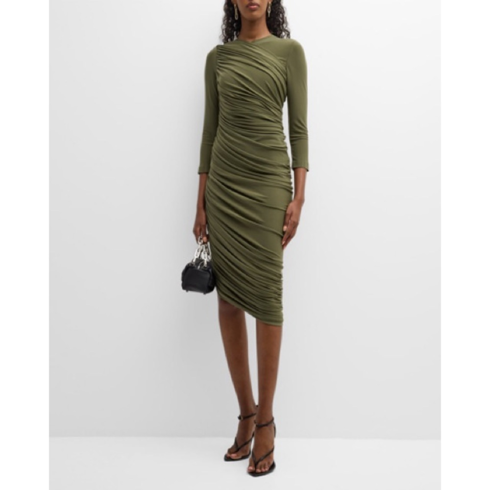NWT Norma Kamali Diana Long Sleeve Ruched Knee Assymetric Dress L Military Olive